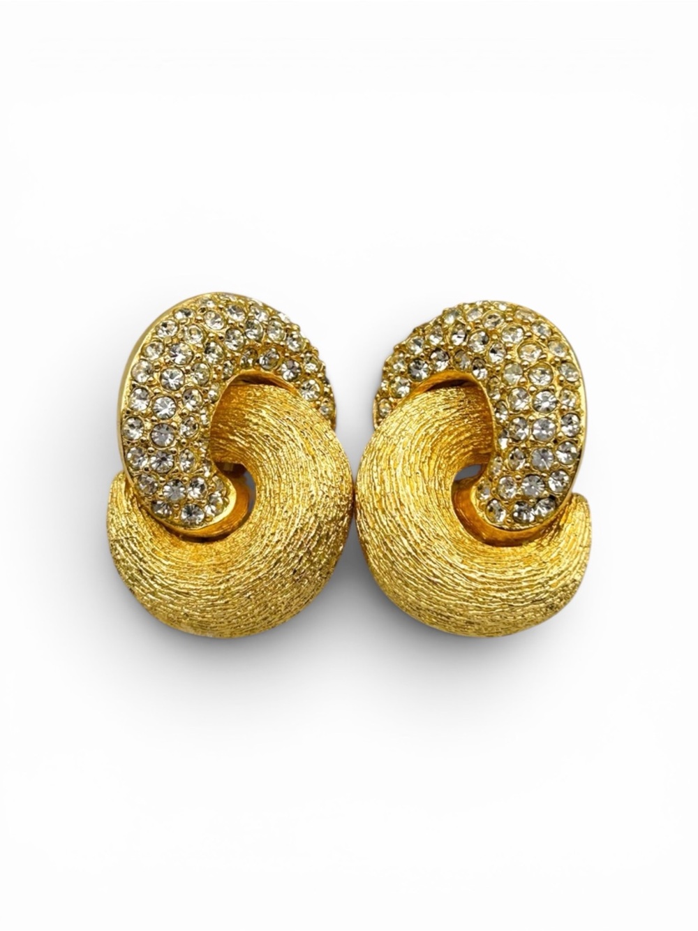 ⚜️Vintage CHRISTIAN DIOR Gold Tone Crystal Love Knot Clip-On Earrings 1980s
